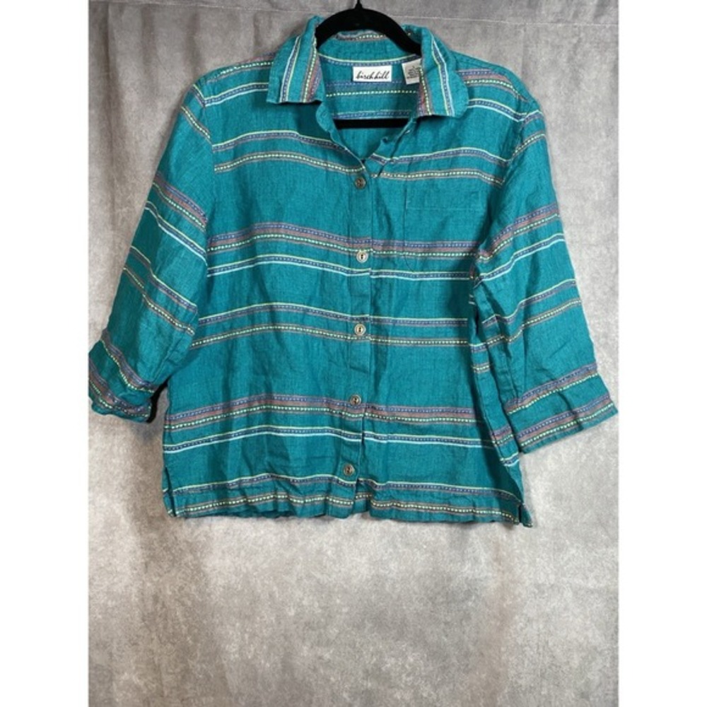 BIRCH HILL‎ Teal Boho Stripe Button-Up CUFFS LINEN Shirt Blouse Top Size L
